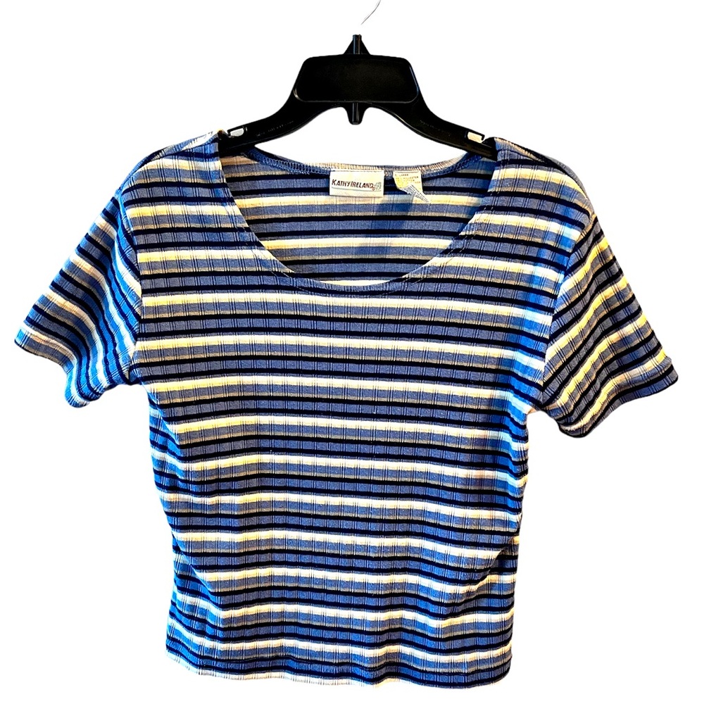 Navy/Steel Blue/Gray/Cream/Tan Ribbed Knit Short Sleeve by Kathy Ireland. Large